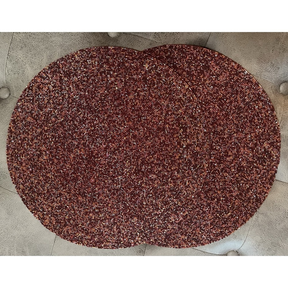 Set of 2 PIER 1 Placemat Glass Beaded Burgundy, Gold, Amber 15" Round Chargers